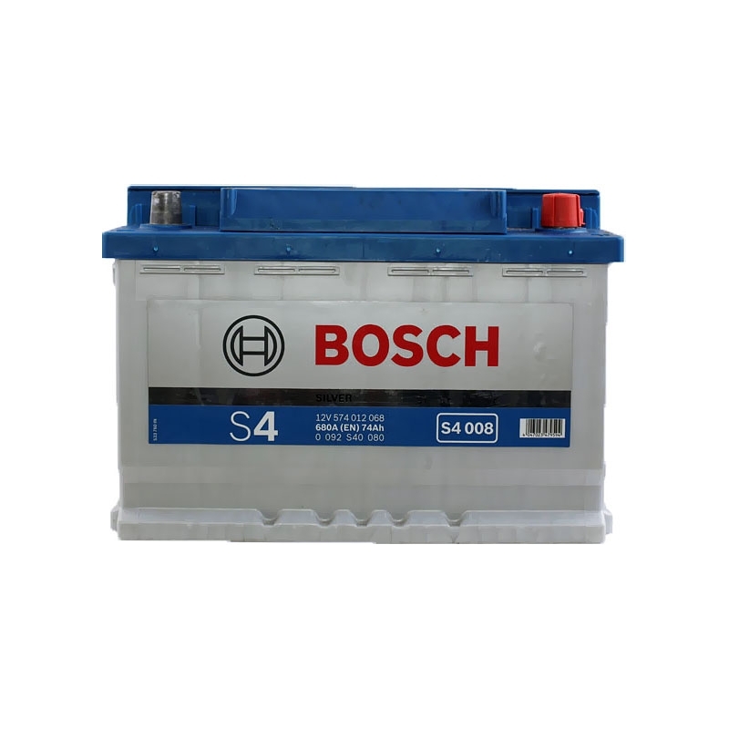 BOSCH 0092S40080 — Аккумулятор BOSCH 12В 74Ач/680А S4 (R+ стандартные клеммы) 278x175x190 B03 - монтажный фланец 10.5мм (пусковой)