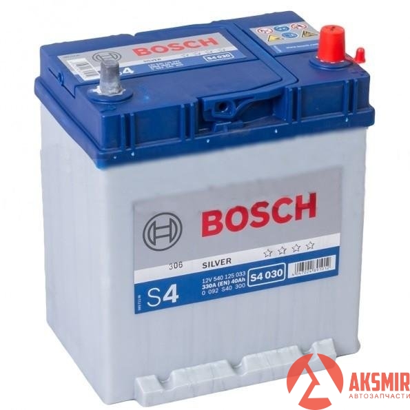 BOSCH 0 092 S40 300 — Аккумулятор BOSCH 12В 40Ач/330А S4 (R+ тонкие клеммы (японские транспортные средства)) 187x127x227 B00 - без монтажного фланца (пусковой)