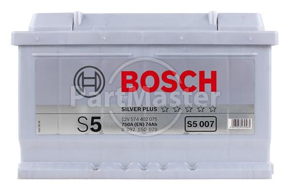 BOSCH 0092S50070 — Аккумулятор BOSCH 12В 74Ач/750А S5 (R+ стандартные клеммы) 278x175x175 B00 - без монтажного фланца (пусковой)